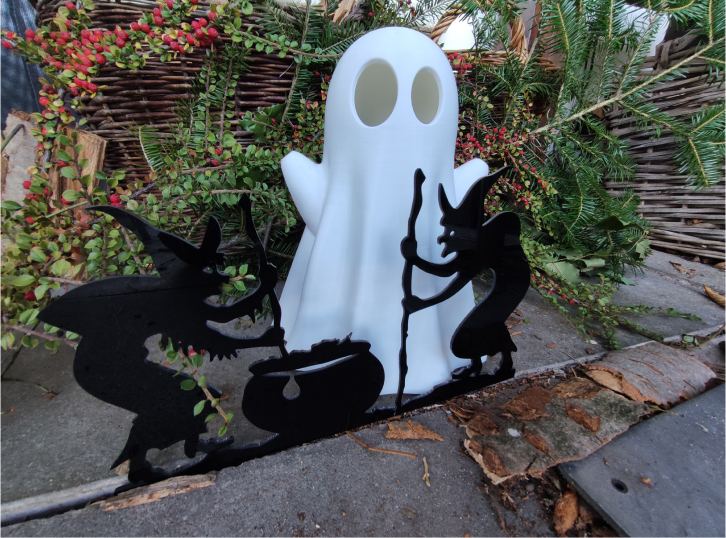 Big 3D Printed Ghost + Acrylic laser-cut witches brewing
